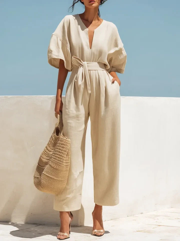 Combinaison femme col V en coton et lin de couleur unie et à la mode