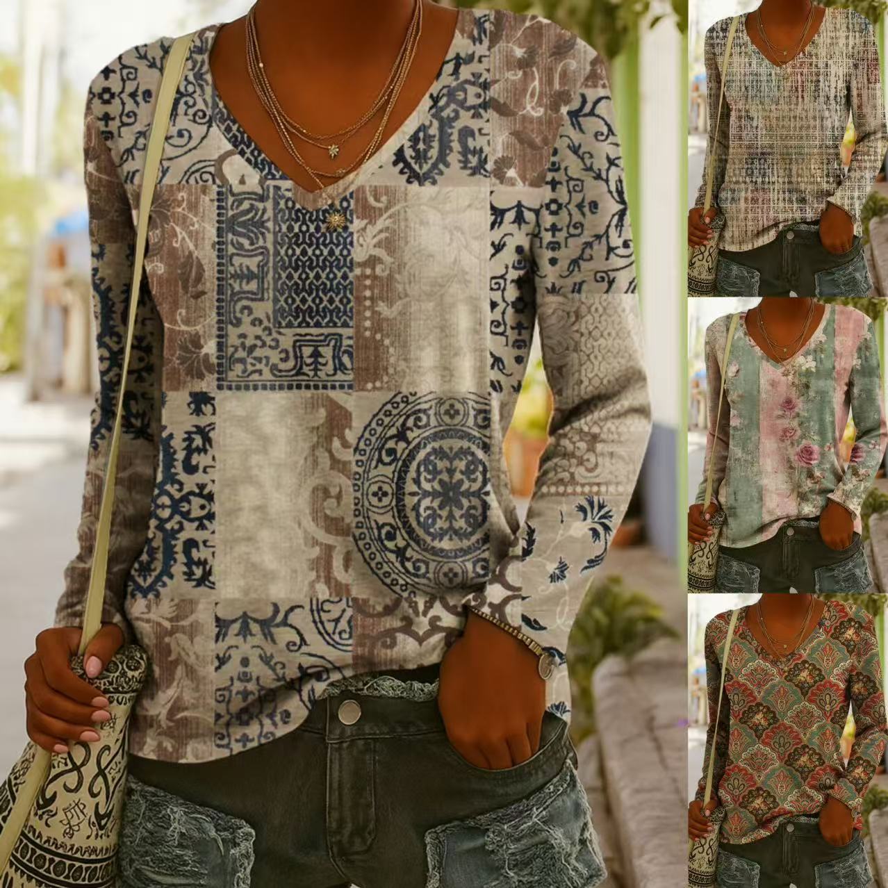 T-shirt à manches longues imprimé col en V style ethnique tendance