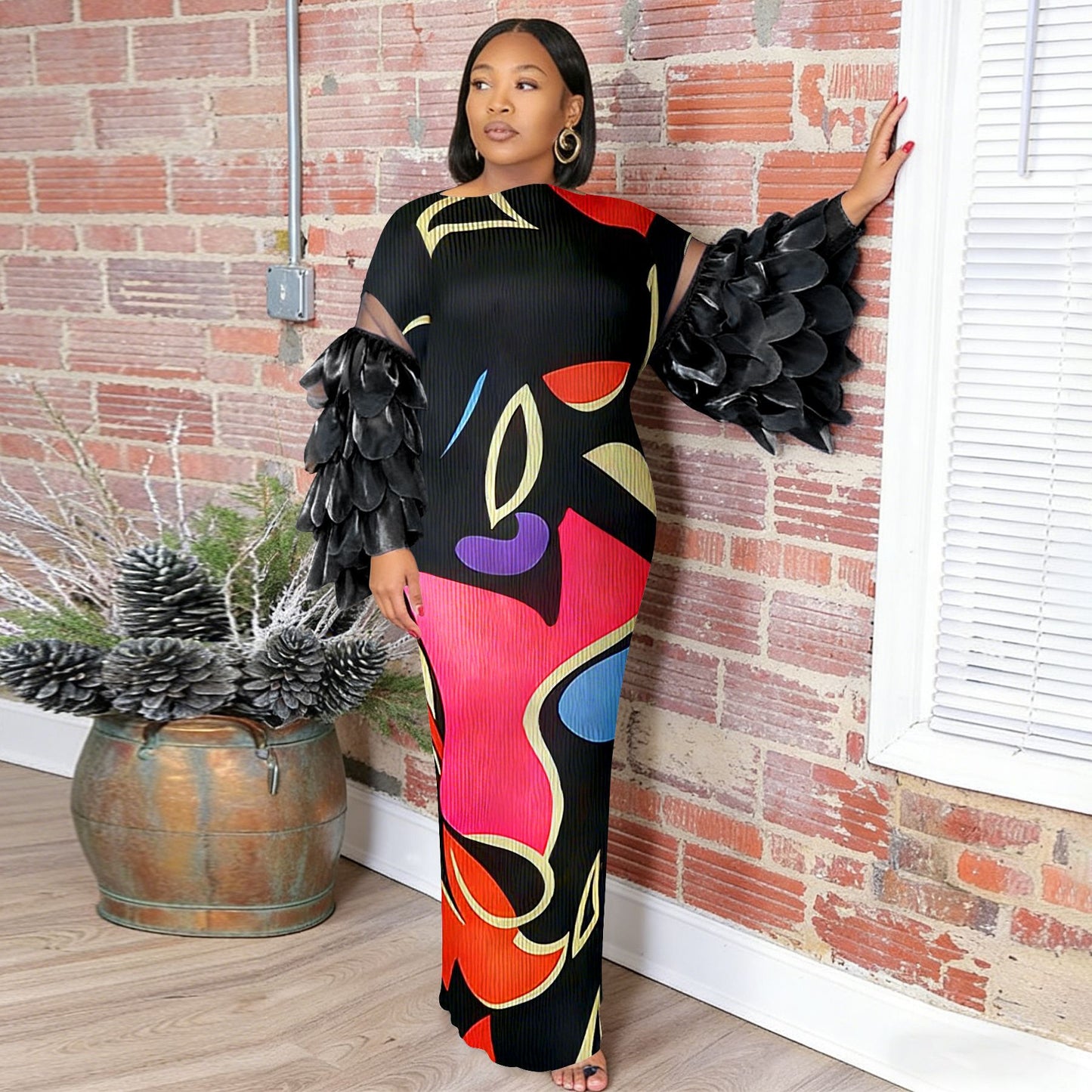 Feather-Panelled Miyake Pleats Fashionable Printed Dress