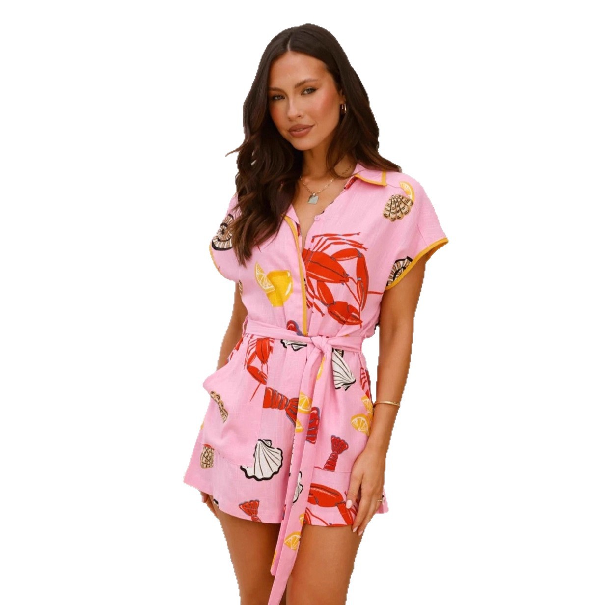 Stilvoller bedruckter lässiger Leinen-Jumpsuit im Resort-Stil