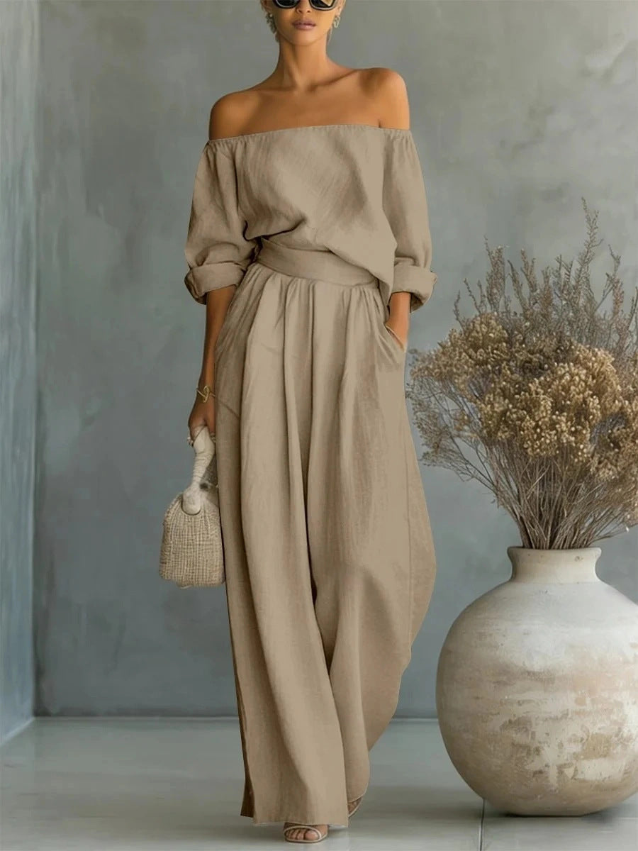 Freizeit Zweiteiler Damen-Outfit Off-Shoulder Top und Weite Hose Set