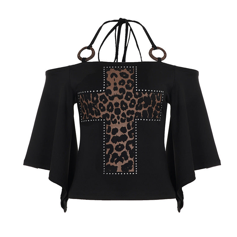 Haut Rétro Léopard Imprimé Sassy À Col Halter Et Décolleté Plongeant