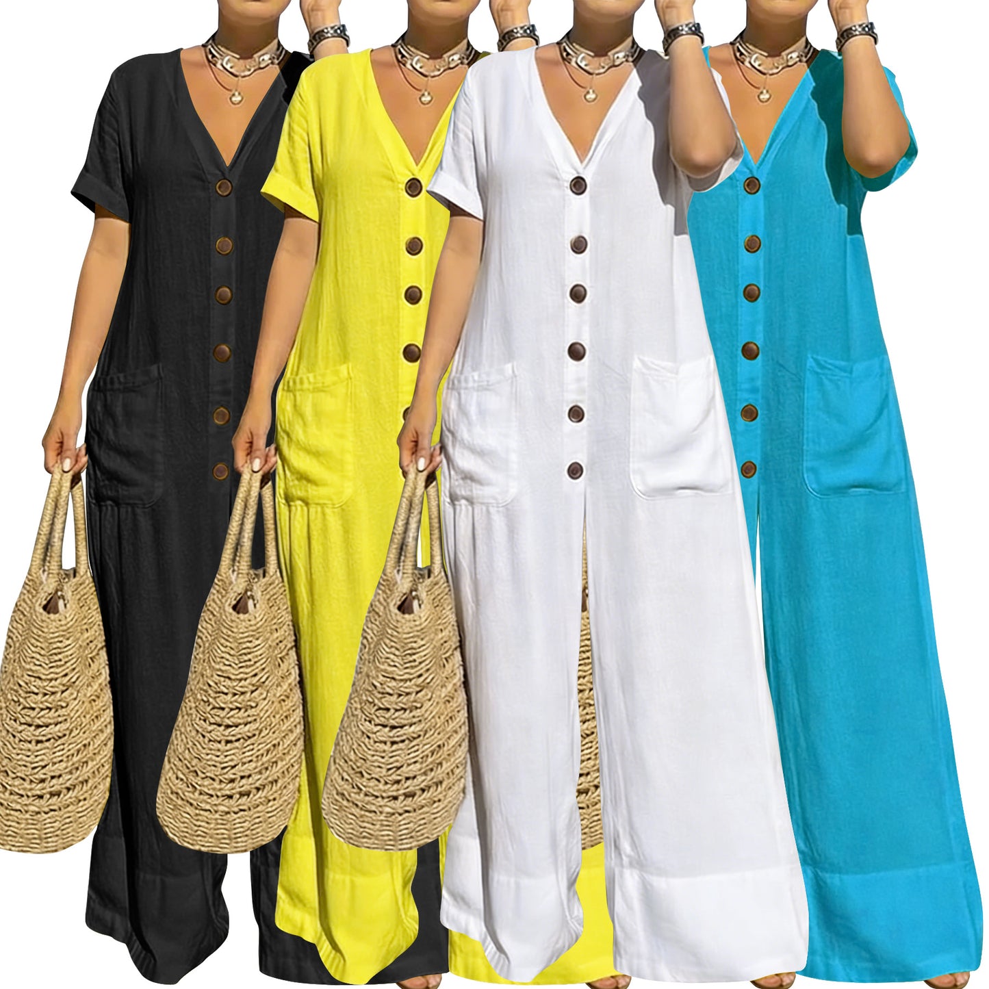Women's Casual Loose V-Neck Button Jumpsuit