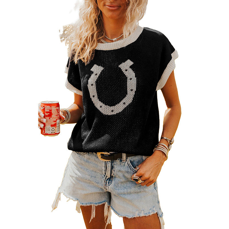 Pull-over tricoté ras-du-cou à manches courtes pour femme