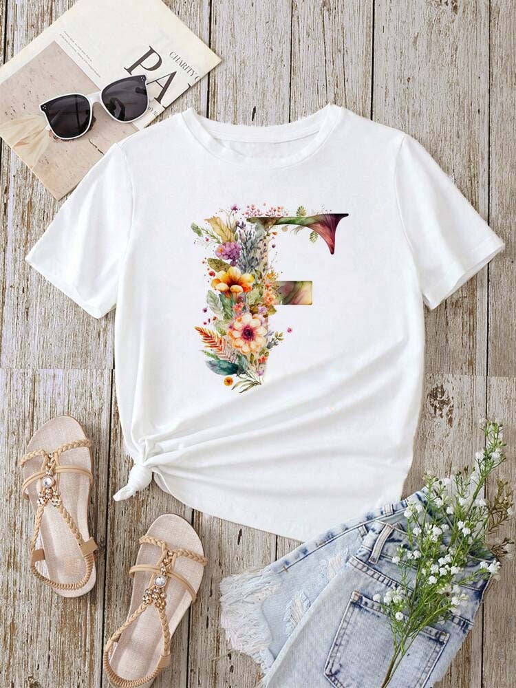 Stylish Womens T-shirt Featuring A Floral Letter Font With The First Letter Of Your Name Short-sleeve Top In White