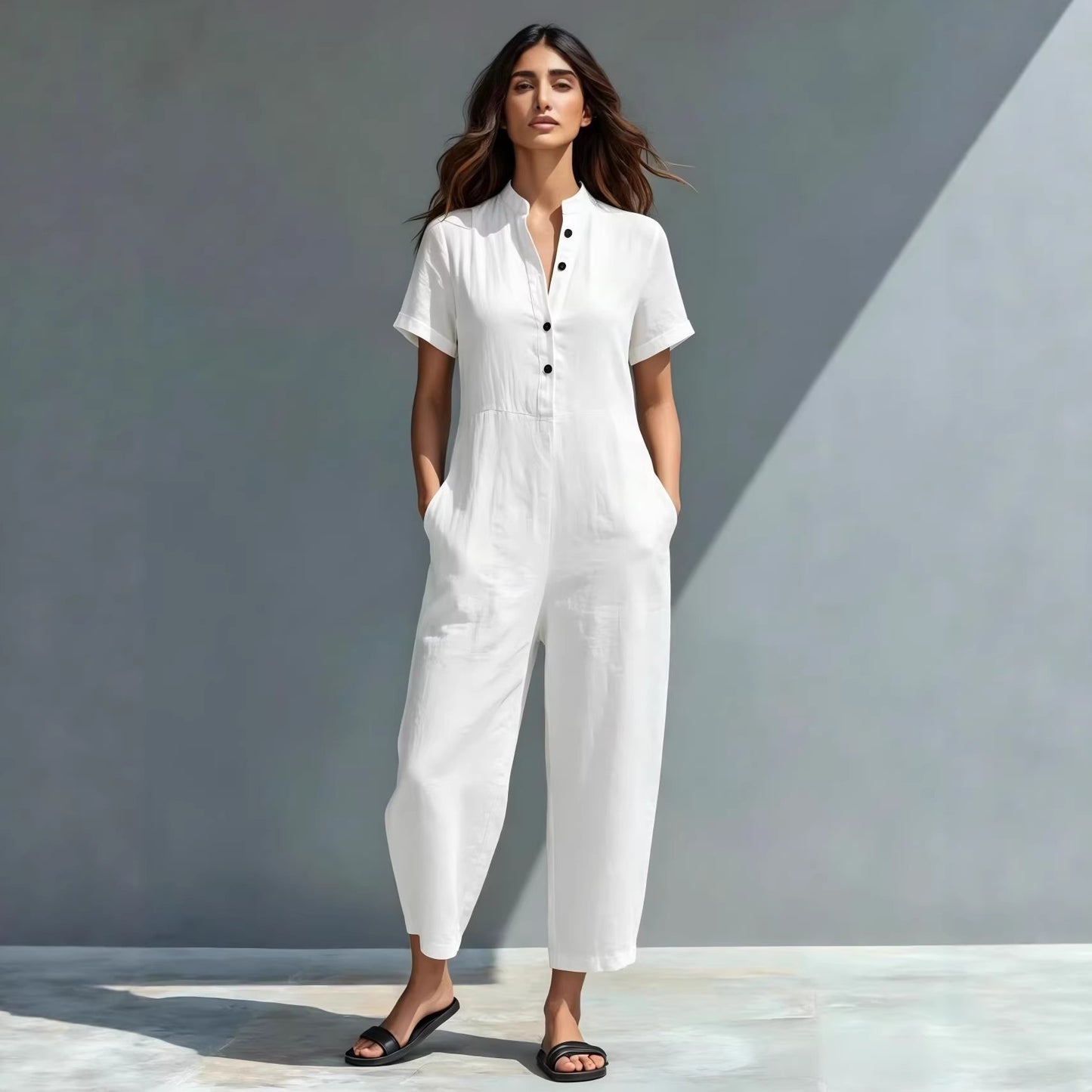 Simple Linen-blend Buttoned Stand Collar Short-sleeve Loose Jumpsuit