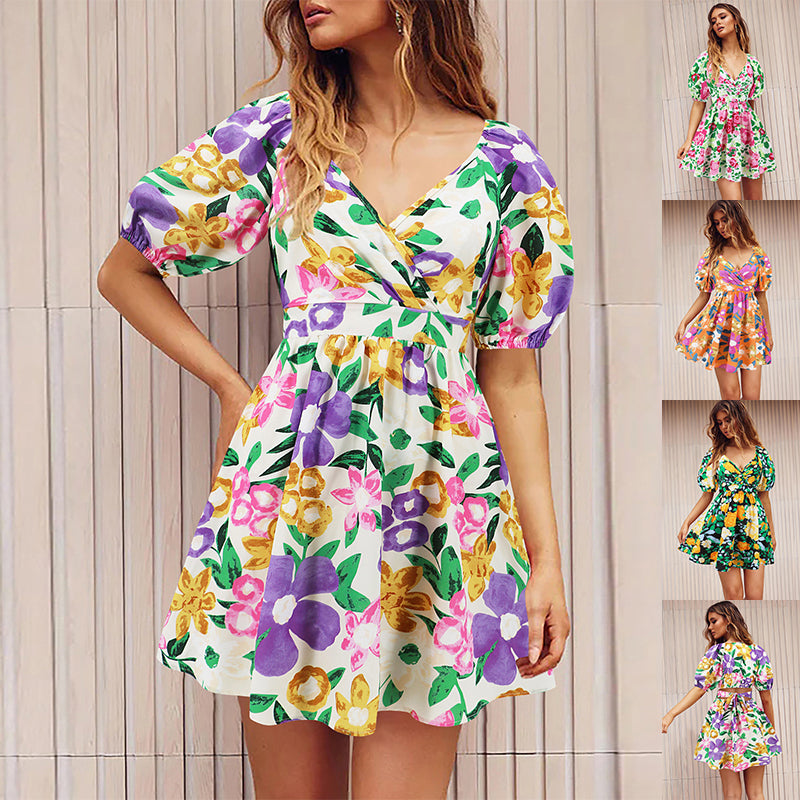 Blumenmuster V-Ausschnitt Laternenärmel Kleid Y2K Sommer Urlaub Strand kurze Kleider Mode Damenbekleidung