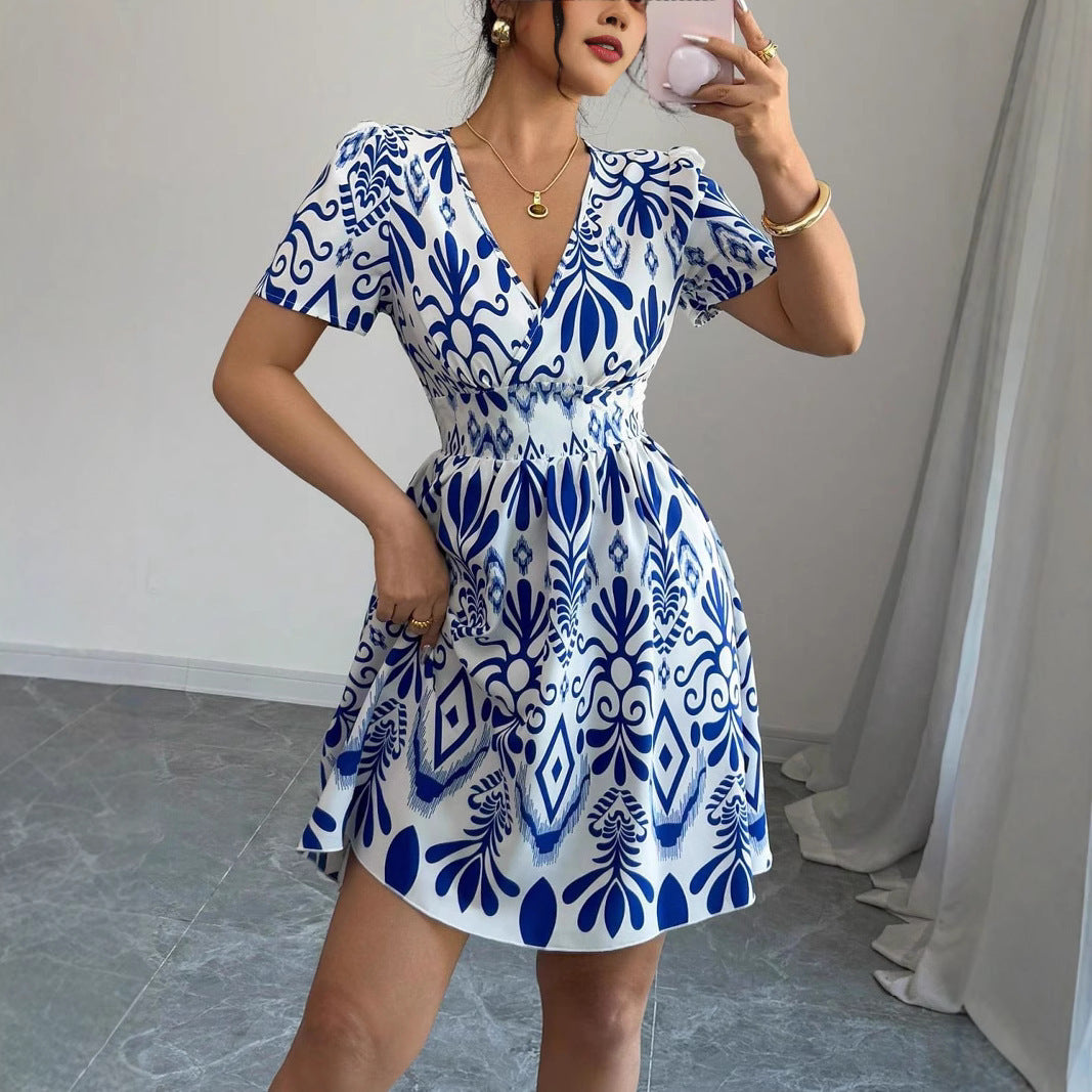 Fashion Printed Hot Girl Fitted Waist Bubble Dress Women
