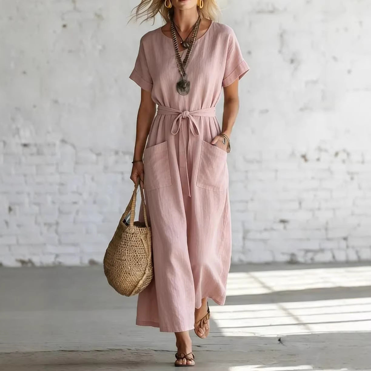 Short-Sleeve V-Neck Cotton-Linen Casual A-Line Dress