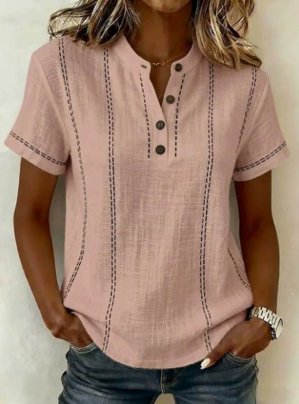 Chemisier décontracté à manches courtes avec col montant, couleur unie et patchwork pour femme