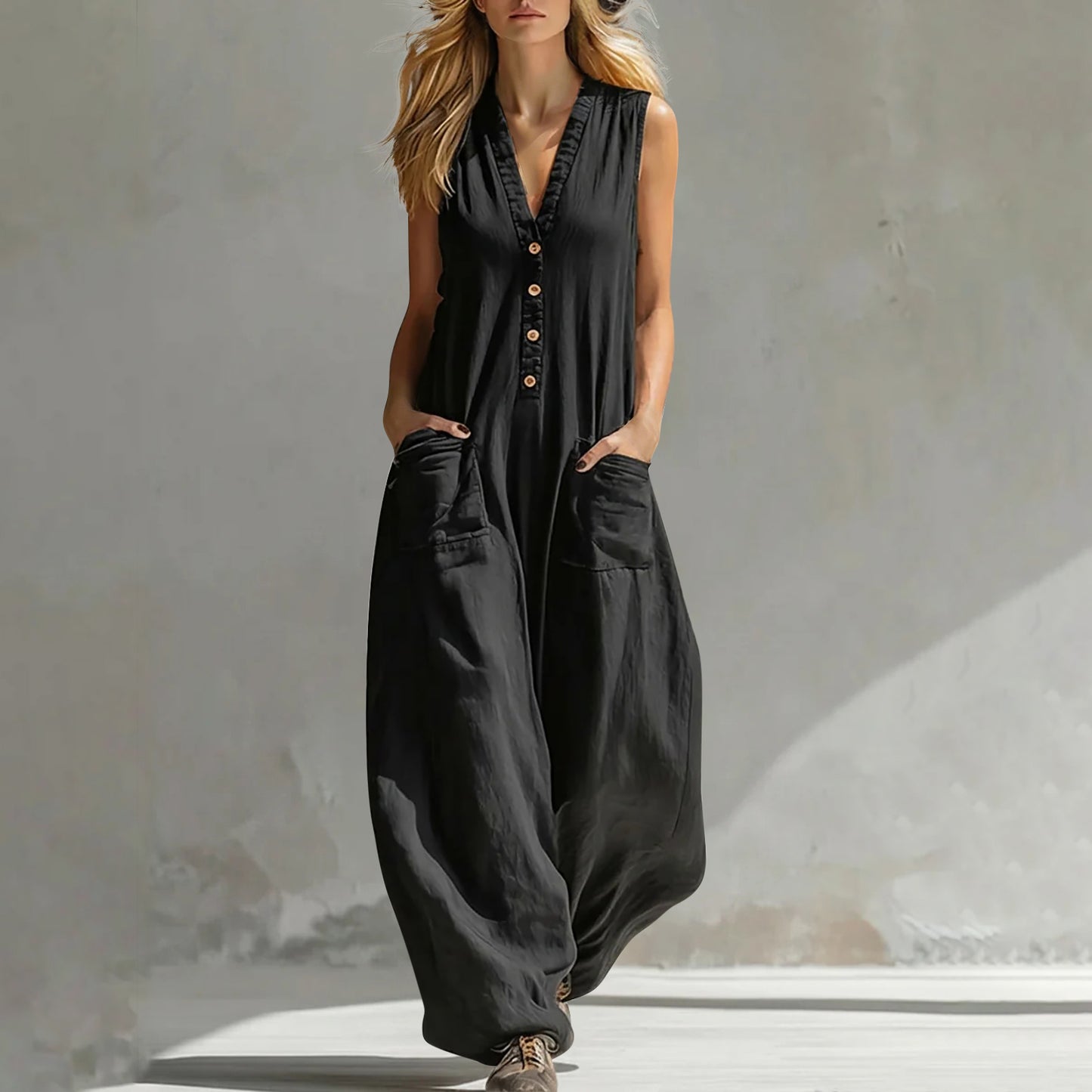 Womens Casual Linen-Cotton Sleeveless Jumpsuit With Two Pocket Straps