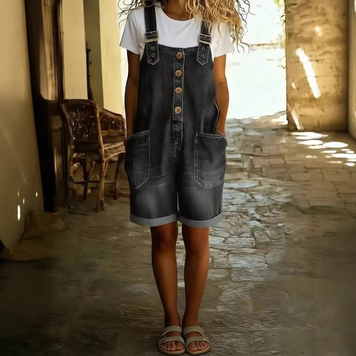 Combinaison short en jean taille haute ample et amincissante