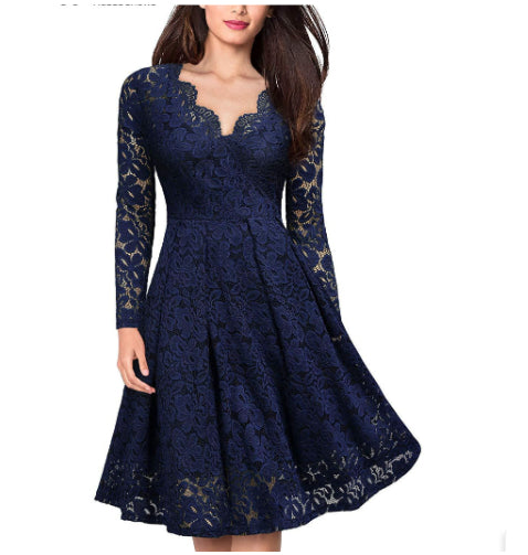 Damenkleider V-Ausschnitt schulterfrei Spitze Abendkleid Langarm Kleid Frühling Herbst Vestido Invierno Mujer