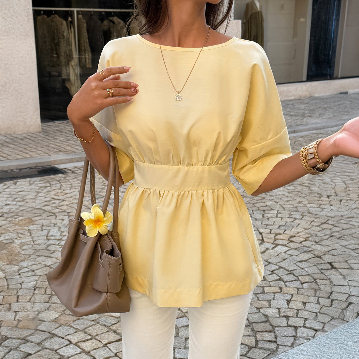 Französisches romantisches rückenfreies Schnür-Loose-Shirt-Top