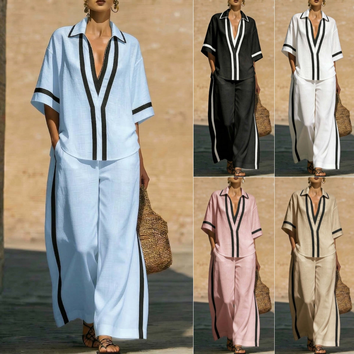 Color-Block Kurzarm-Top und weite Hose Zweiteiler Set - Lässiges Sommer Loose Fit Matching Outfit für Damen Alltag