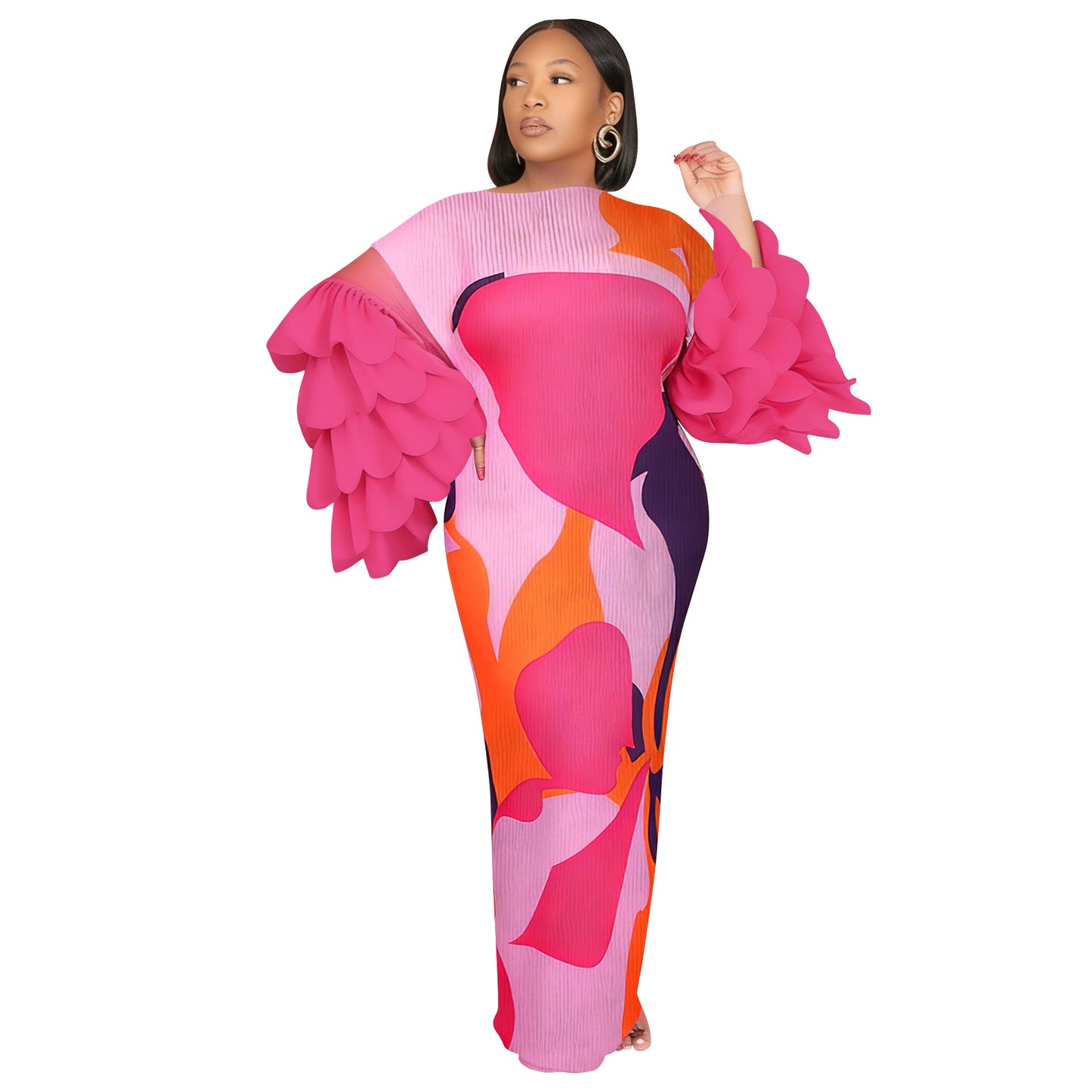 Feather-Panelled Miyake Pleats Fashionable Printed Dress
