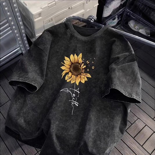 Sunflower Butterfly Cotton Washed T-Shirt For Women