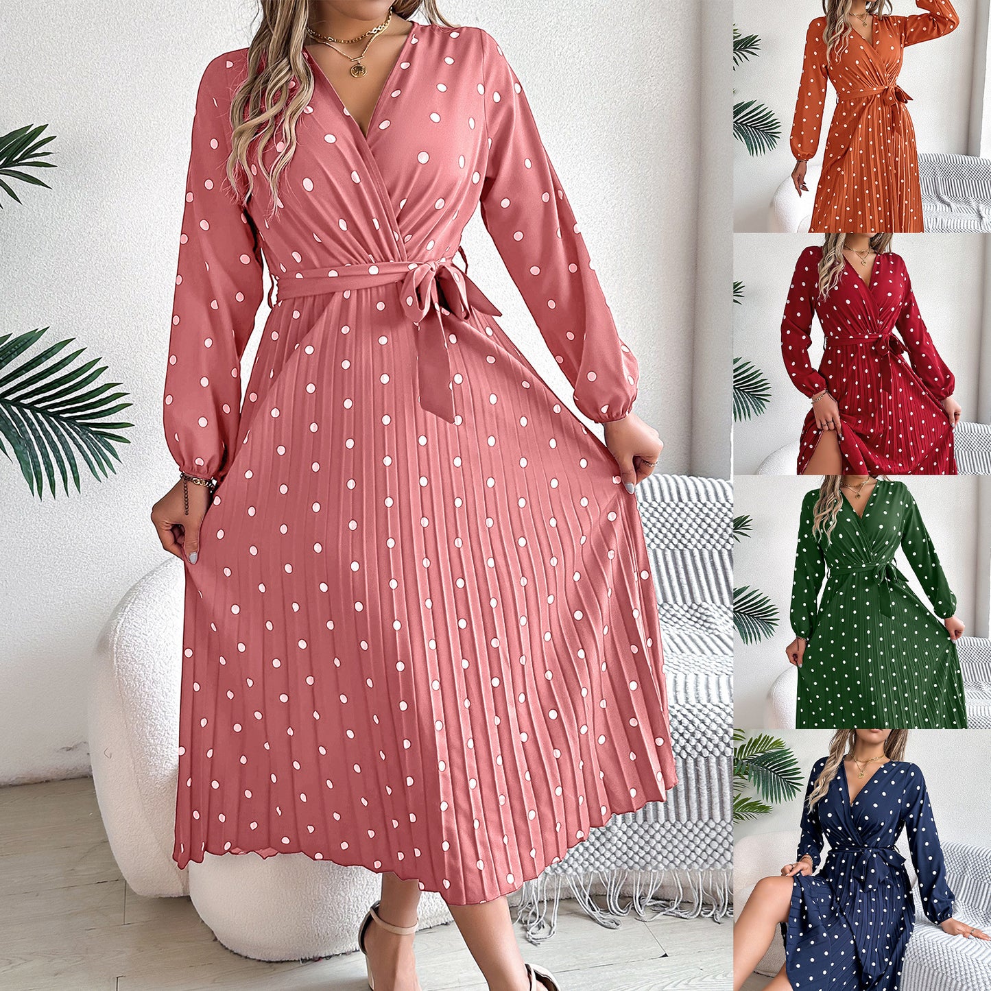 Robe longue élégante printemps-été, col en V croisé, pois contrastants, manches longues, plissée, robes de demoiselle d'honneur