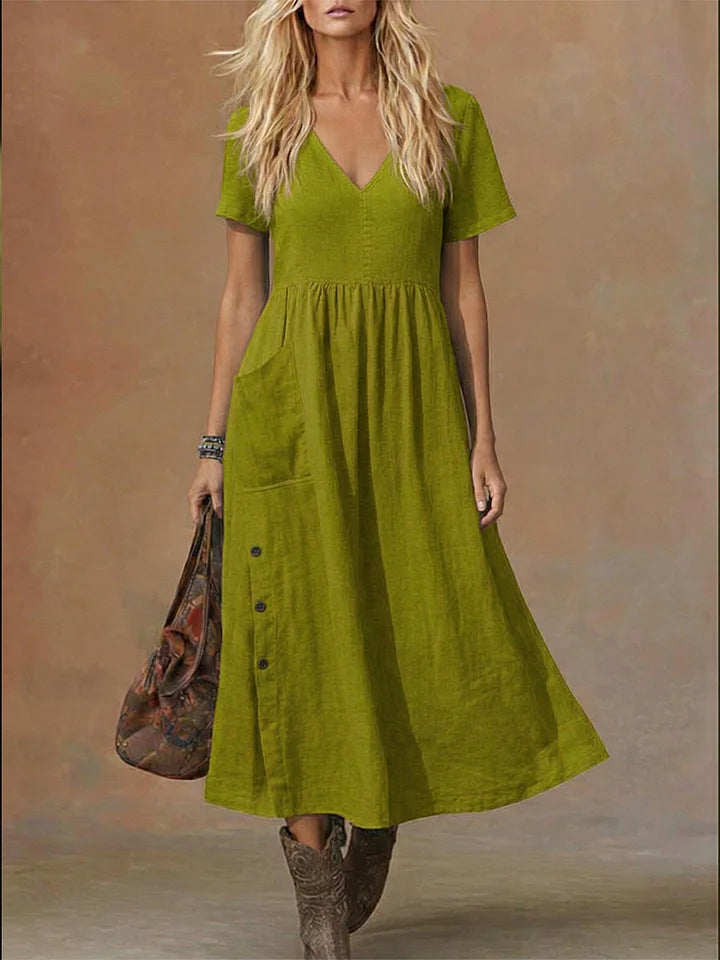 Robe ample tendance pour femme, col en V, manches courtes, avec poches