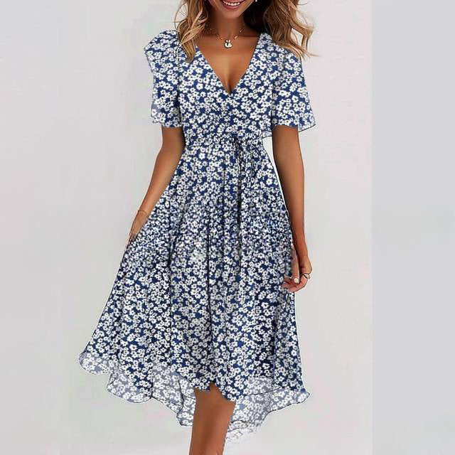 Robe d'été évasée à fleurs imprimées et col en V, à manches courtes pour femme