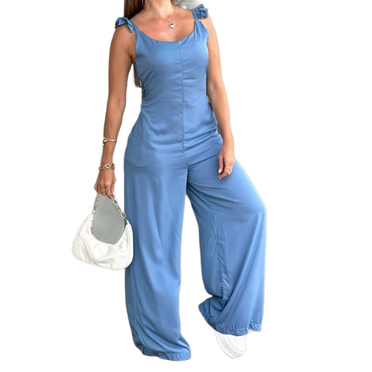 Damen-Jumpsuit mit Rüschensaum, gebundenem Rückenausschnitt und weitem Bein
