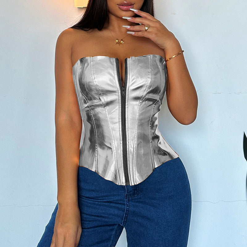 Sexy Fashion-forward Metallic Patent Leather Tube Top