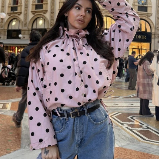 Single-breasted Stand Collar Bow-Tied Polka Dot Coat For Women