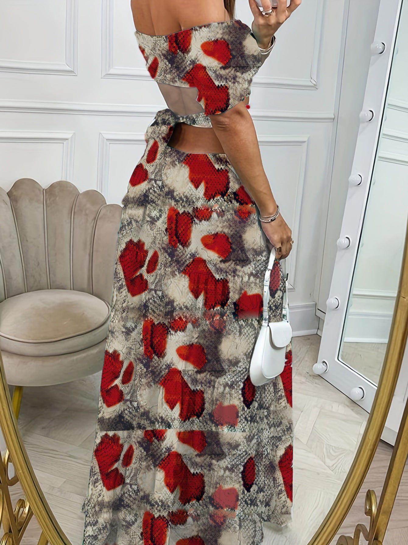 Bedrucktes, einreihiges Langarmkleid mit Hohlsaum, Sommerurlaubskleider für Damen