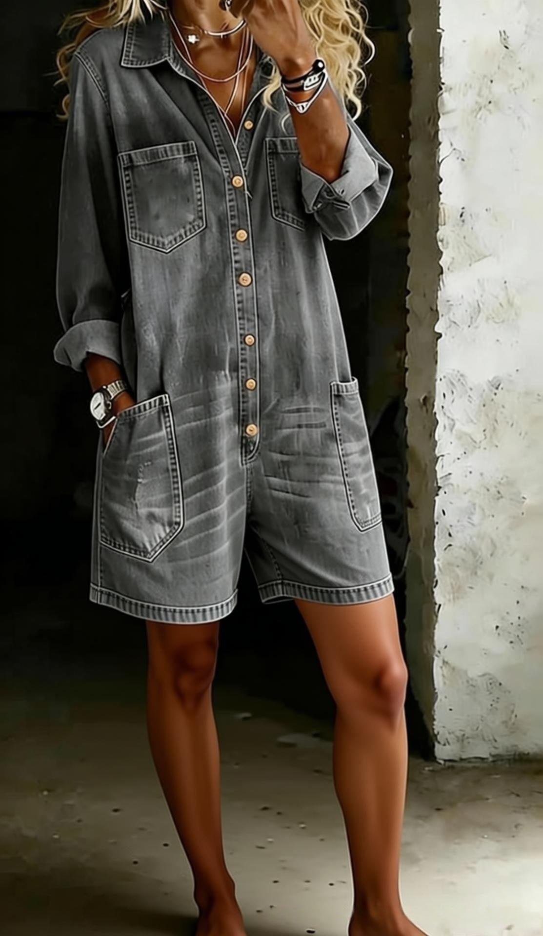 Loose-fit Faux Denim One-piece Shorts For Women