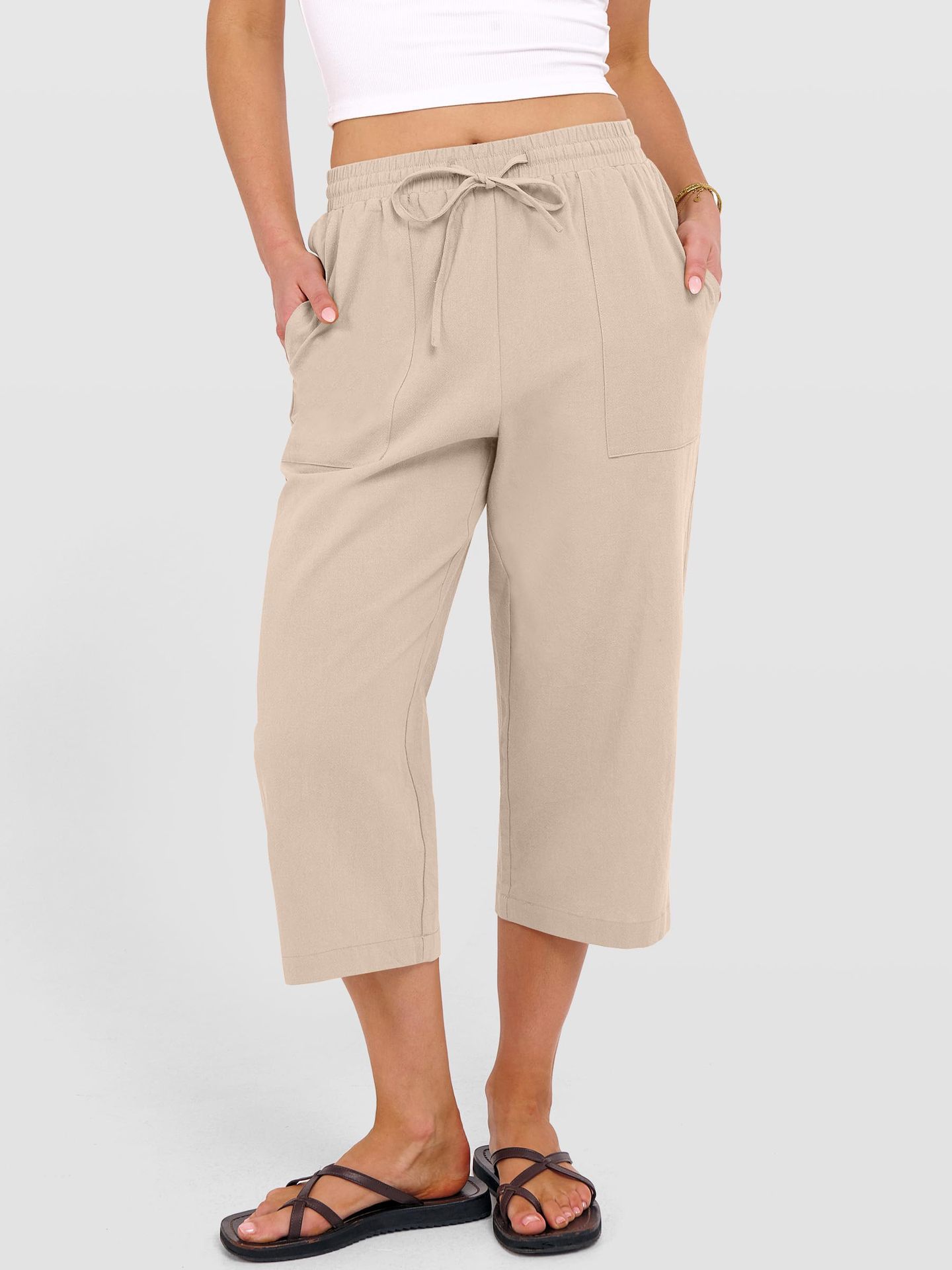 Solid-color Cotton-linen Relaxed-fit Drawstring Wide-leg Casual Pants
