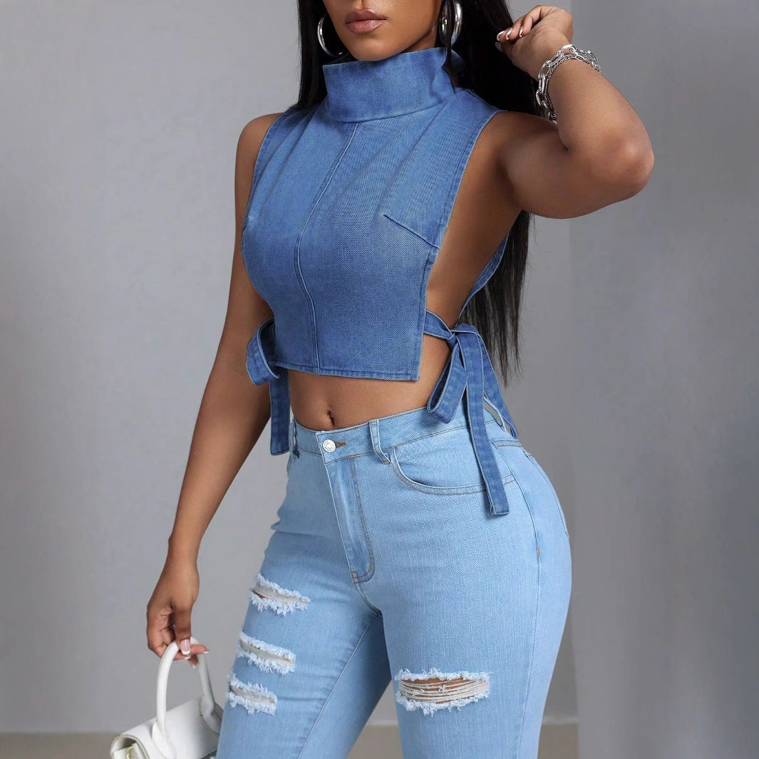 Damen sexy Schnür-Jeans-Top