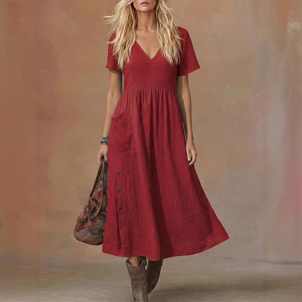 Robe ample tendance pour femme, col en V, manches courtes, avec poches