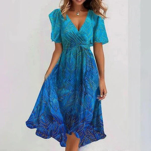 Robe d'été évasée à fleurs imprimées et col en V, à manches courtes pour femme