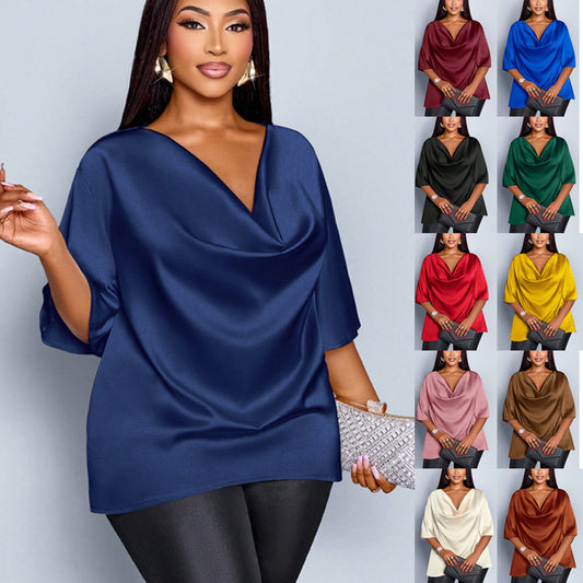 New Relaxed-fit Casual V-neck Mid-sleeve Long-sleeve Solid-color Chiffon Top
