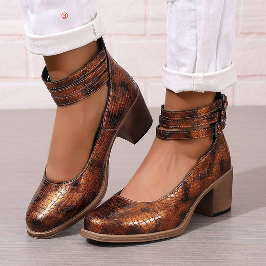Retro 36-42 Large Size Chunky Heel Shoes With Back Zipper