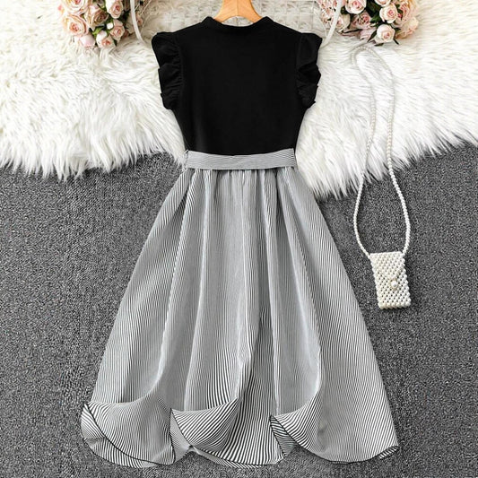 V-neck High-waisted Black-and-white Patchwork Dress