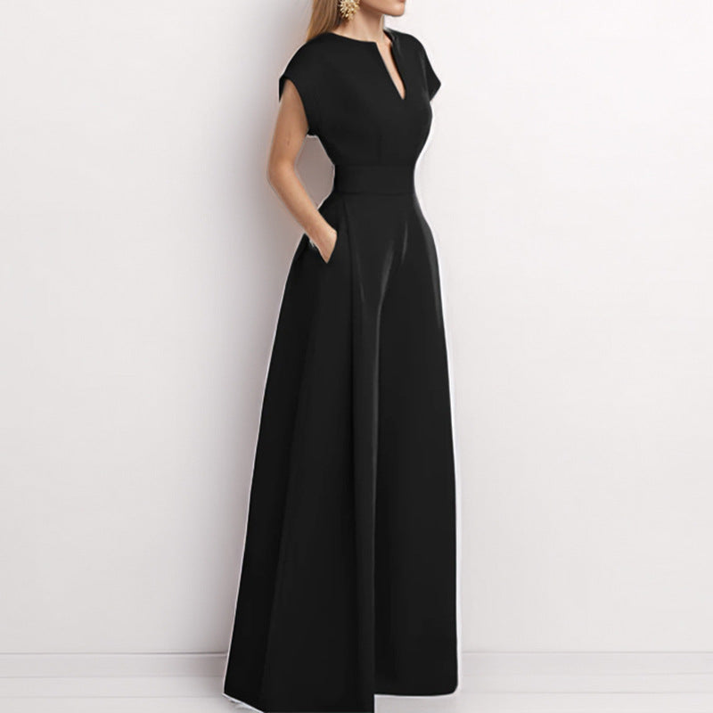 Elegante Damen Jumpsuit, Einfarbig, V-Ausschnitt, Ärmellos, mit weiter Hose