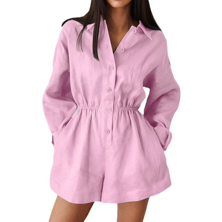 Versatile Solid-Color Casual Minimalist Lapel Jumpsuit