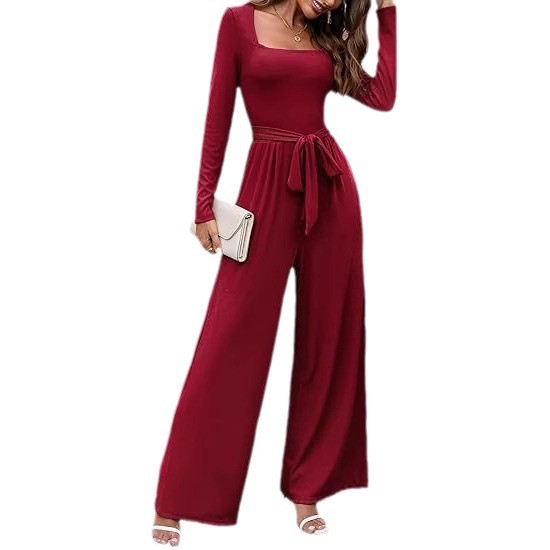 Modischer langärmeliger Jumpsuit mit eckigem Ausschnitt, Bindegürtel und weitem Bein