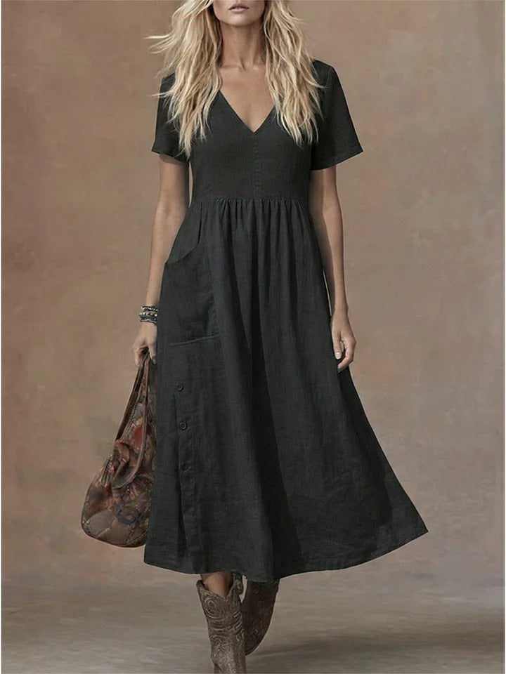 Robe ample tendance pour femme, col en V, manches courtes, avec poches