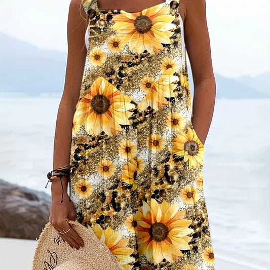 European And American-style Sleeveless Jumpsuit With A Sunflower Print
