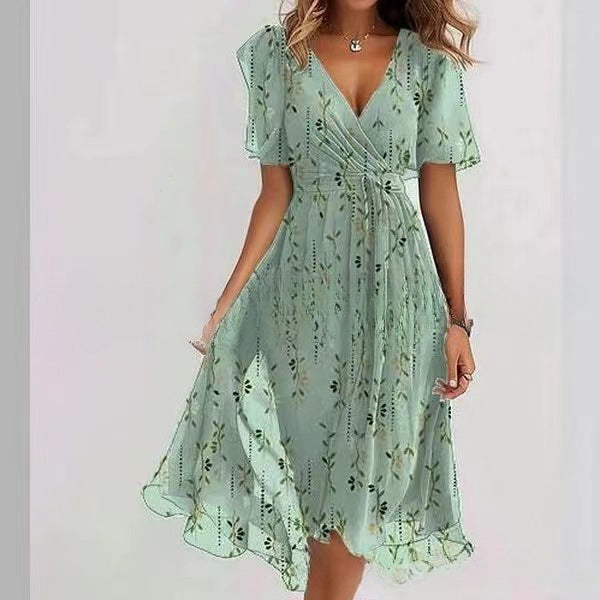 Robe d'été évasée à fleurs imprimées et col en V, à manches courtes pour femme