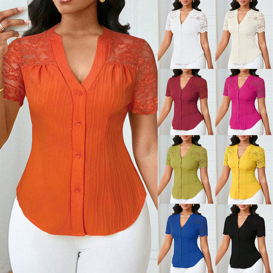 Versatile Slim-fit Embroidered Hollow-out Short-sleeve Top With A Single-breasted Design