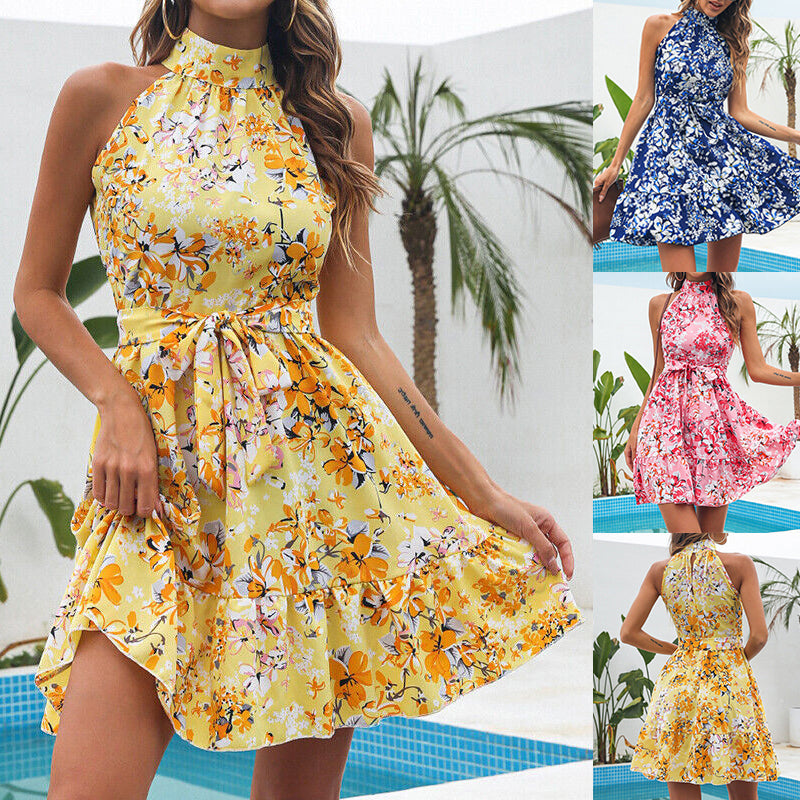 Neues Neckholderkleid mit Blumenprint Sommer Mode Temperament geschnürte Rüschenkleider für Damen