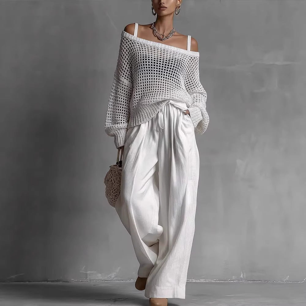 Womens Comfortable Hollow-Out Knitted Top And Linen Pants Two-Piece Set