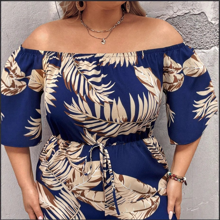 Europäischer und amerikanischer schulterfreier Jumpsuit mit Pflanzenmuster und Taillengürtel mit Shorts