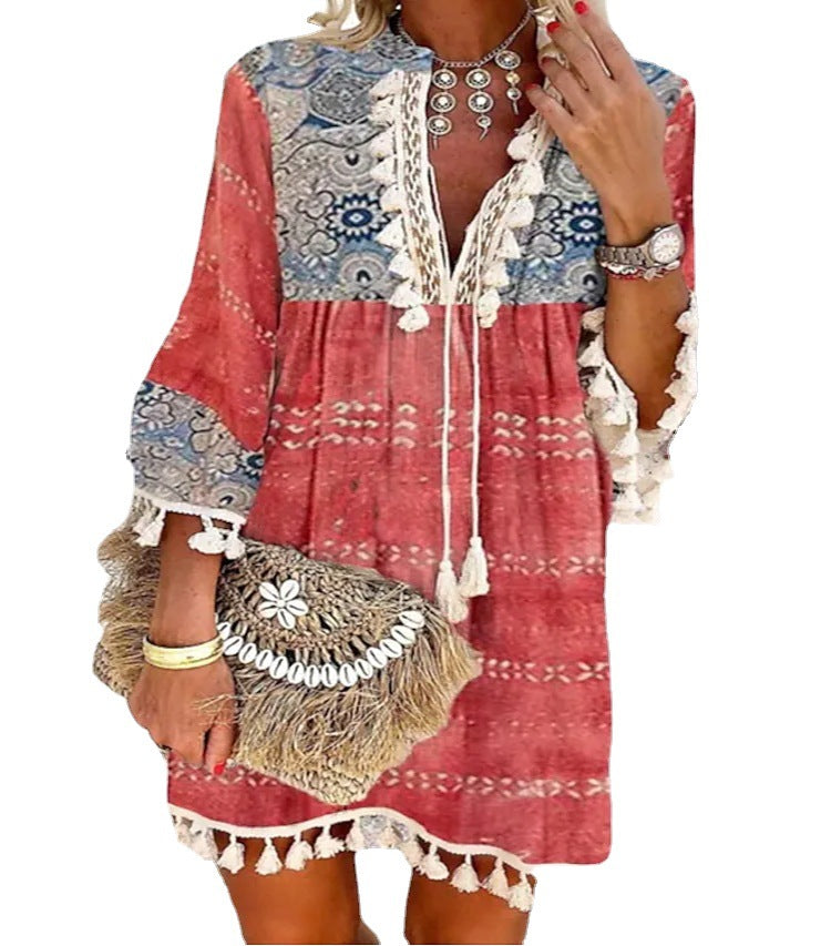 Women's Printed Ethnic Dress Red