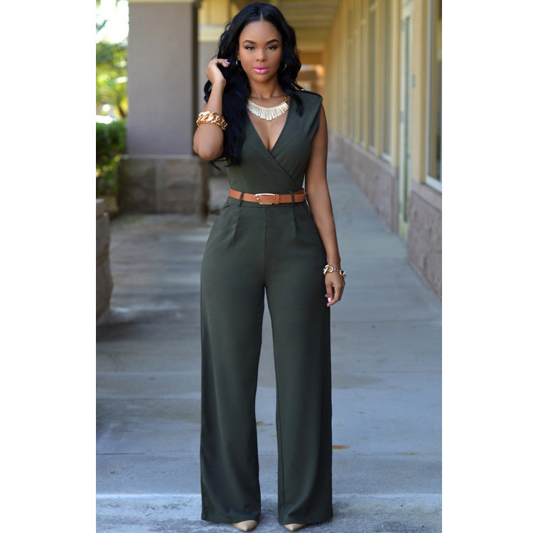 Ensemble tailleur irrégulier avec pantalon large taille haute, col en V et ceinture
