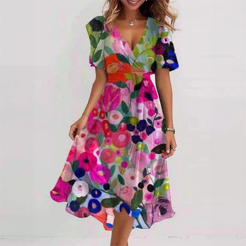 Robe d'été évasée à fleurs imprimées et col en V, à manches courtes pour femme