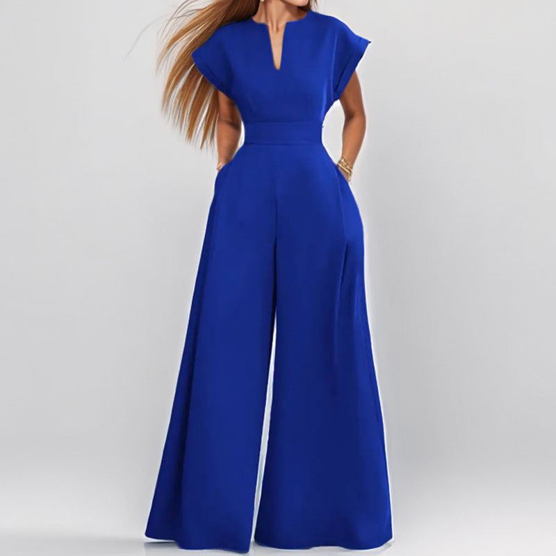 Elegante Damen Jumpsuit, Einfarbig, V-Ausschnitt, Ärmellos, mit weiter Hose